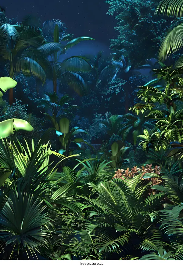 Tropical Rainforest Night With Lush Foliage Under A Starry Sky