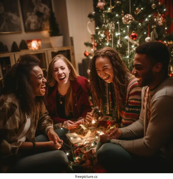 Multiethnic group of friends laughing and wrapping Christmas presents