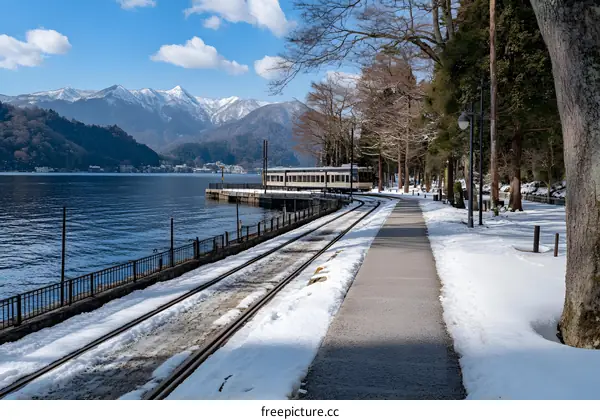 Train Tracks Beside Lake and Snowy Mountains in Japan