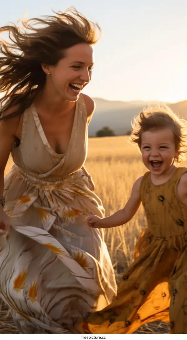 Mother and daughter running through a field of wheat