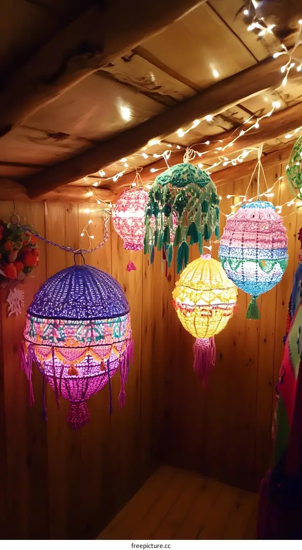 Colorful Crochet Lanterns Hanging from Wooden Ceiling