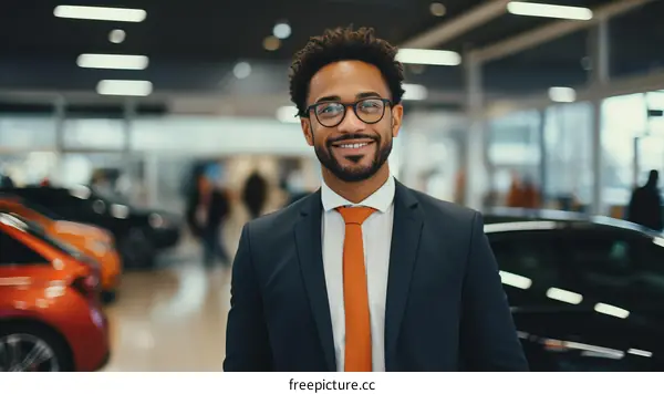 Portrait of a smiling African-American car salesman standing in a car dealership