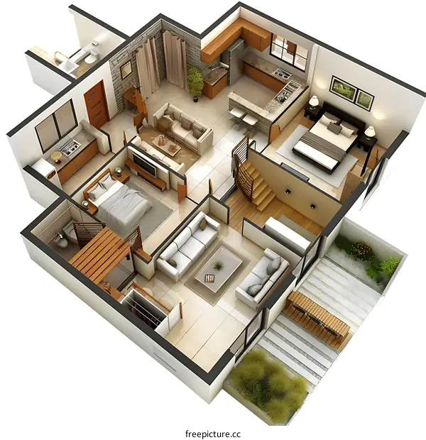 A 3D rendering of a house floor plan