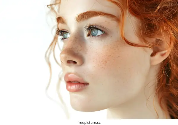 portrait of a beautiful woman with red curly hair and freckles