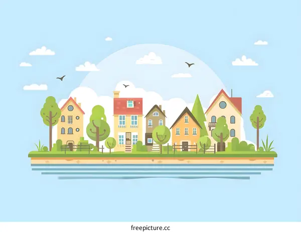 Cute Cartoon Illustration Of Small Town With Houses And Trees