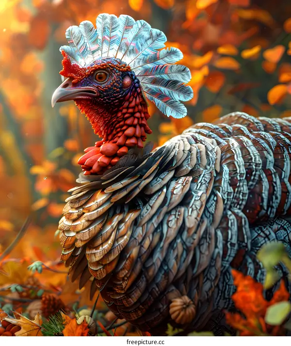 A majestic turkey with vibrant feathers stands in a field of autumn leaves.