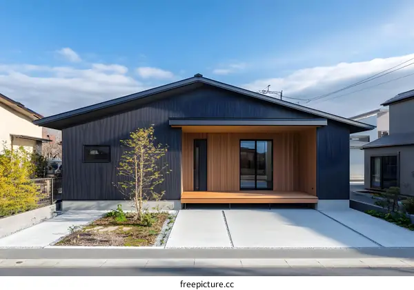 Modern Japanese House with Black Siding and Wooden Porch