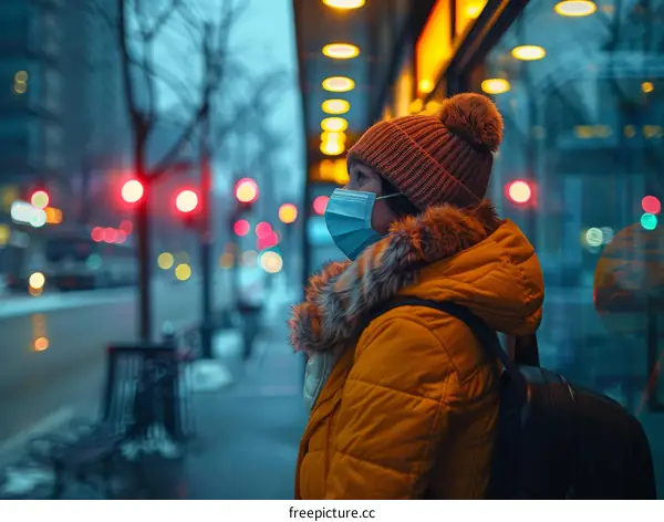 A woman wearing a mask is waiting for the bus at a bus stop in the city.