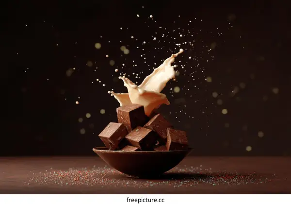 Chocolate Cubes with Milk Splash in a Bowl