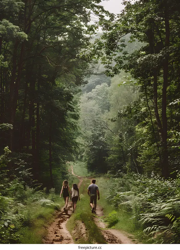 Three People Walking on a Dirt Path in a Forest