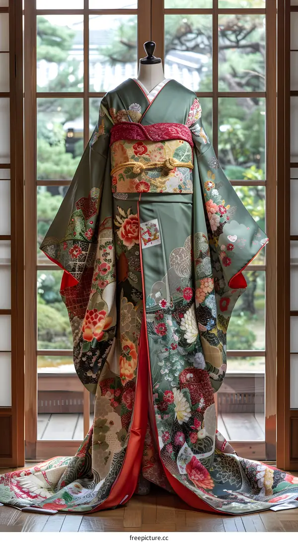 A kimono with a floral pattern and a red obi sash