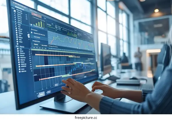 Businesswoman analyzing financial data on computer