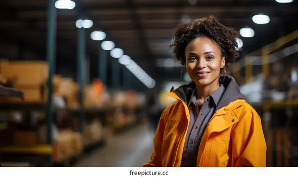 Portrait of a smiling African American woman in a warehouse