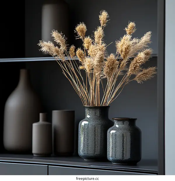 Dried Grasses in Grey Vases on Dark Shelf