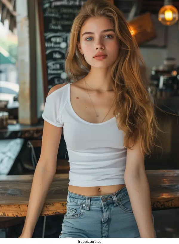 Portrait of a beautiful young woman with long blond hair wearing a white shirt and blue jeans