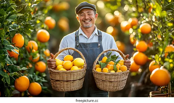 Asian Farmer with Basket of Citrus Fruits