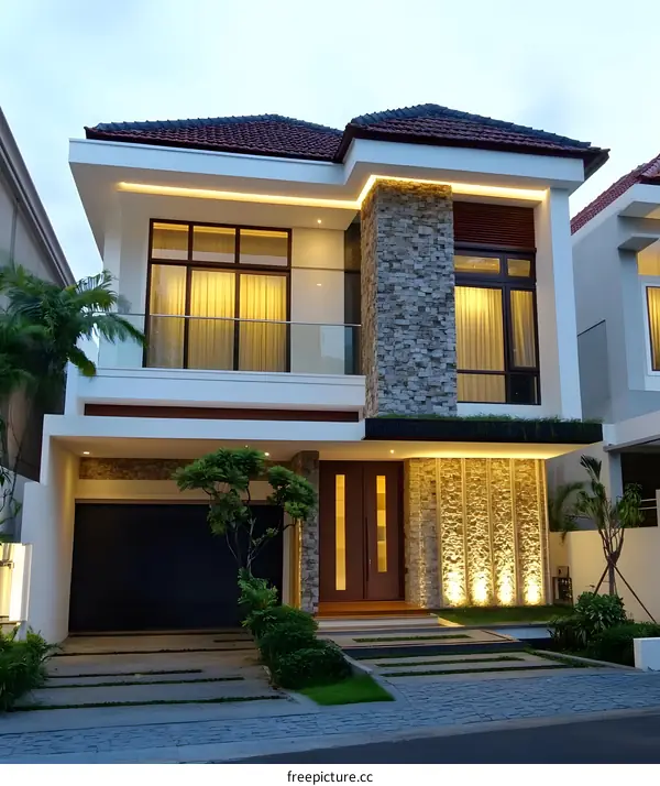 Modern Two Storey House with Stone Facade and Garage