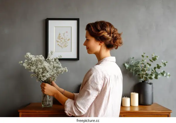 Woman Arranging Flowers in a Cozy Home Decor