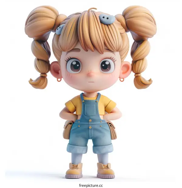 A cute blonde girl with pigtails wearing overalls