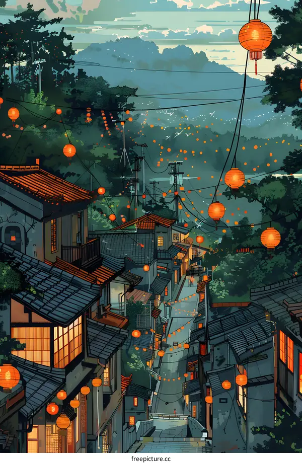 A street in a Japanese town with traditional houses and paper lanterns