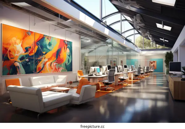 Modern Office with Large Windows and Abstract Art