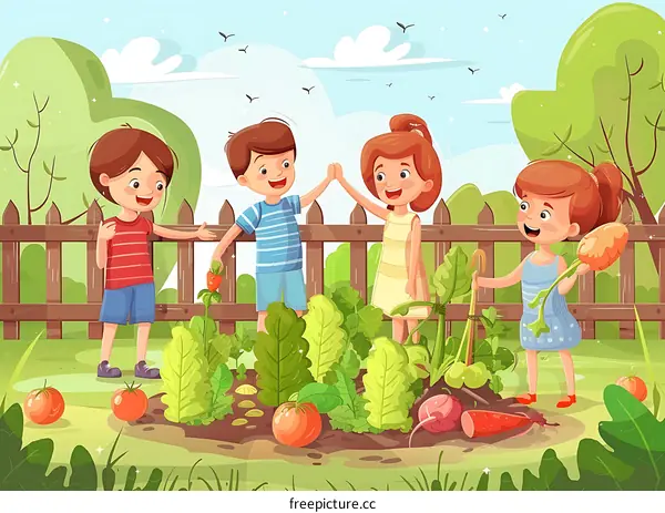Happy Kids Picking Vegetables In Garden