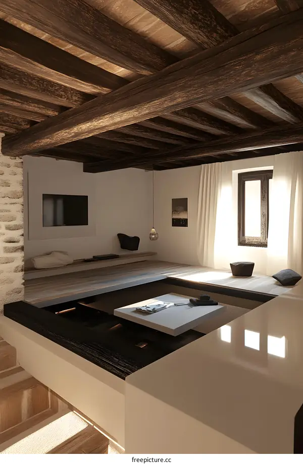 Modern Minimalist Living Room with Wooden Beams and  Open Floor Plan