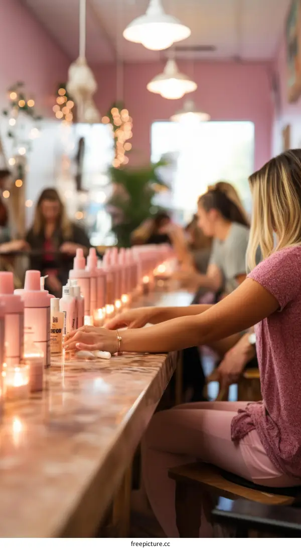 Beauty salon with pink theme and blonde woman sitting at the bar