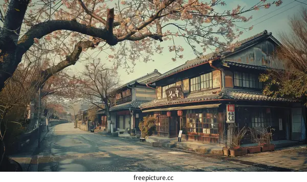Japanese traditional houses and cherry blossoms in spring
