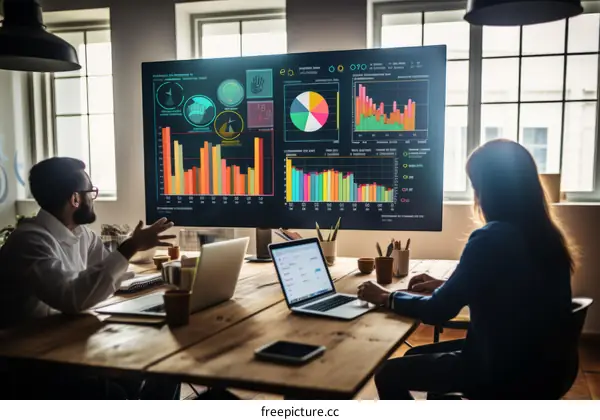 business people discussing data analytics and graphs on a large screen in an office