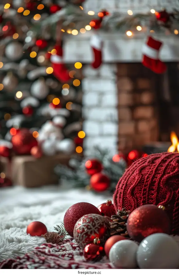 Christmas decorations in front of a fireplace