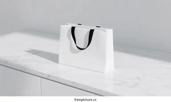 White Shopping Bag with Black Handle on Marble Surface