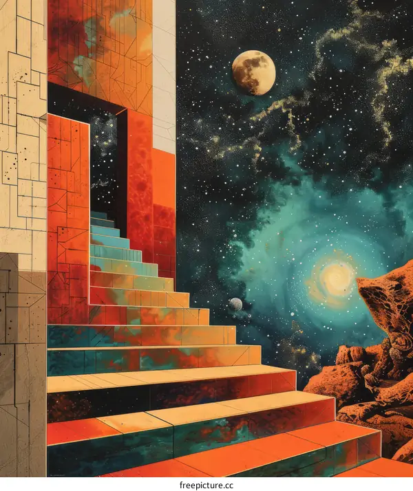 A staircase leads up to a doorway in a surreal landscape with a starry night sky and a large moon.