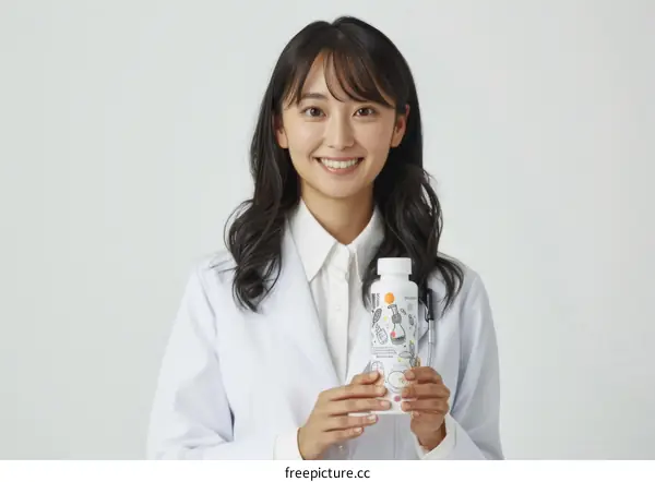 A Japanese woman in a lab coat holds a bottle of a product