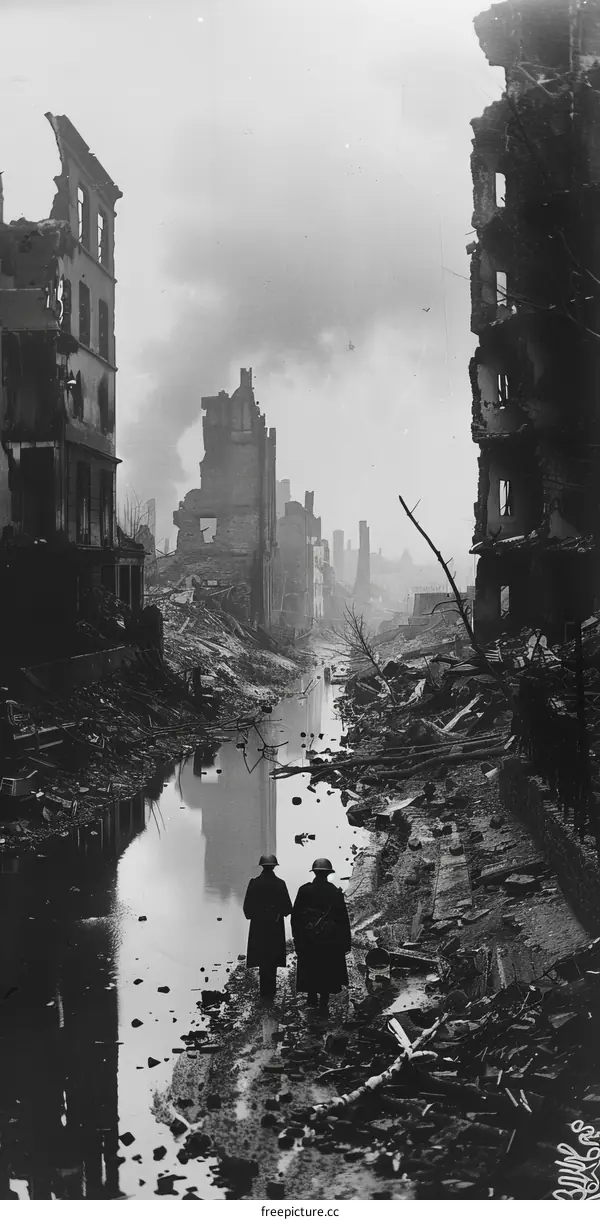 Two soldiers walking through a destroyed city