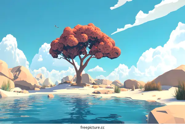 Low Poly Tree and Water Landscape Illustration