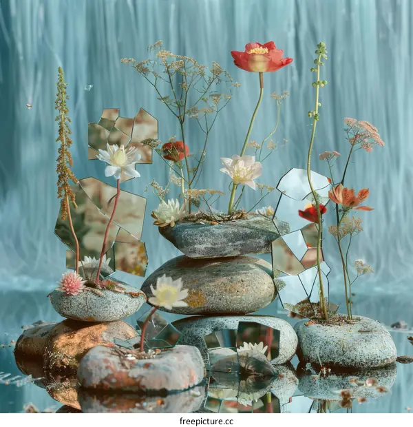 Still life with flowers and rocks in water