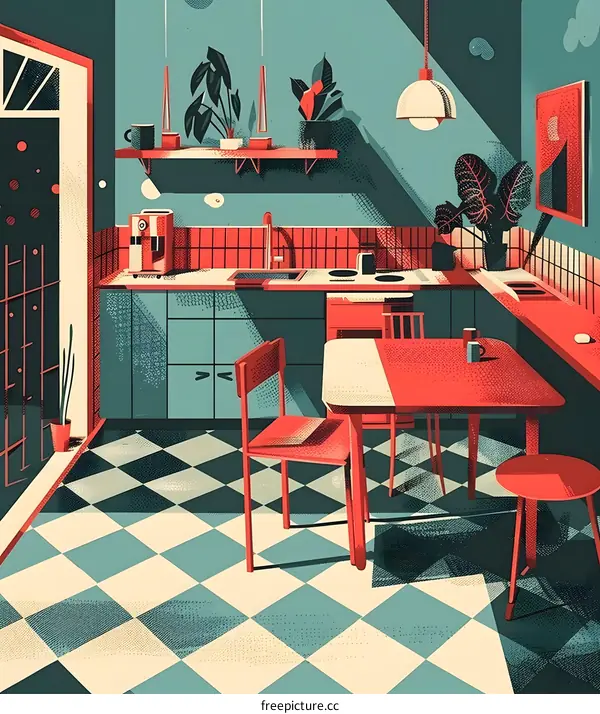 Modern Kitchen Illustration With Red Chairs And Checkered Floor
