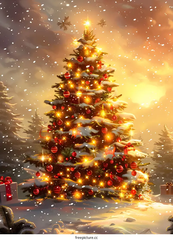 A beautiful Christmas tree in a snowy forest