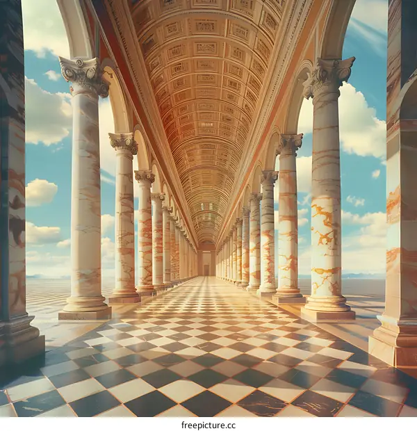 Long Marble Hallway with Checkerboard Floor