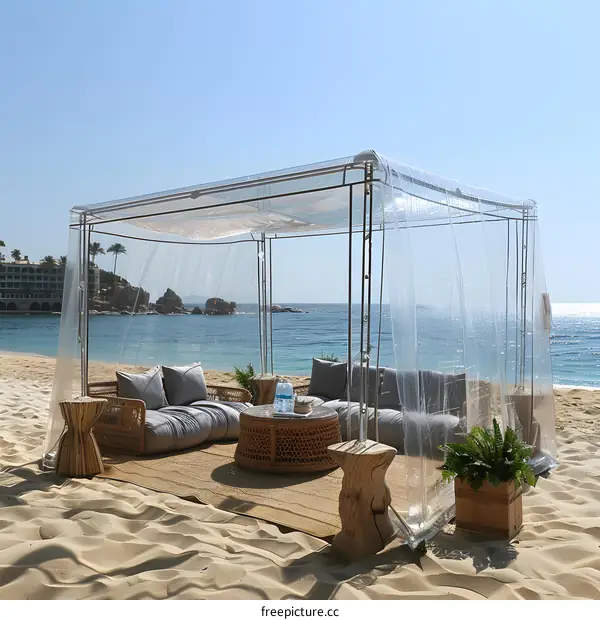 A transparent beach cabana with a seating area and a view of the ocean