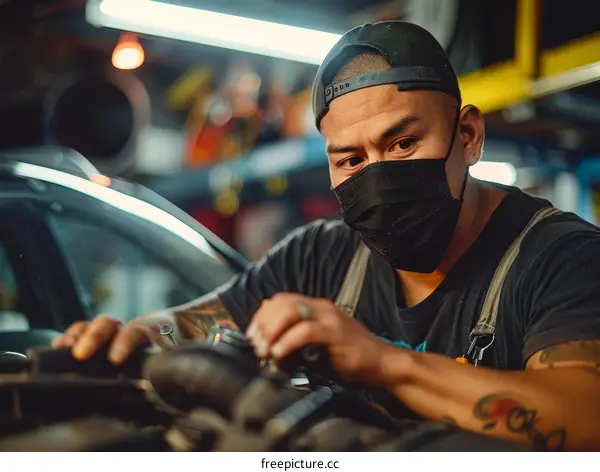 Car mechanic wearing a mask and cap