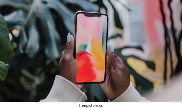 Black Woman Holding  Smartphone With Abstract Background