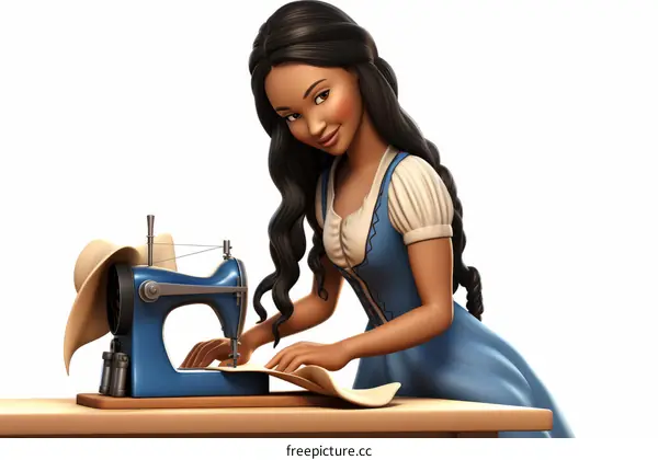 Illustration of a young woman sewing a blue fabric with a sewing machine