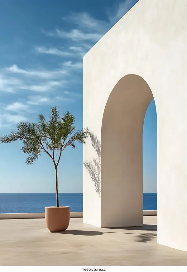 Minimalist Architecture with Palm Tree and Ocean View