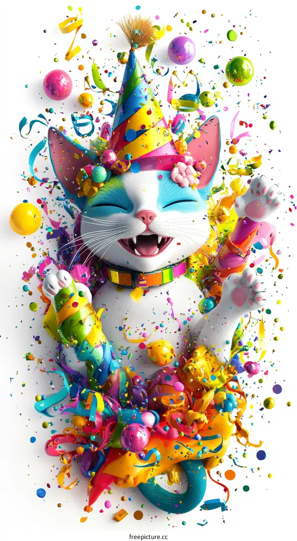 Joyful Cat Celebrating a Colorful Party