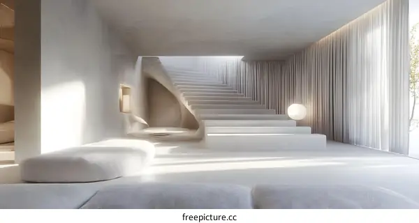 Minimalist Interior Design with Curved Staircase and White Walls