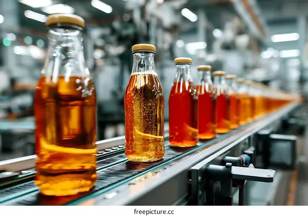 Bottles on Conveyor Belt at Beverage Factory