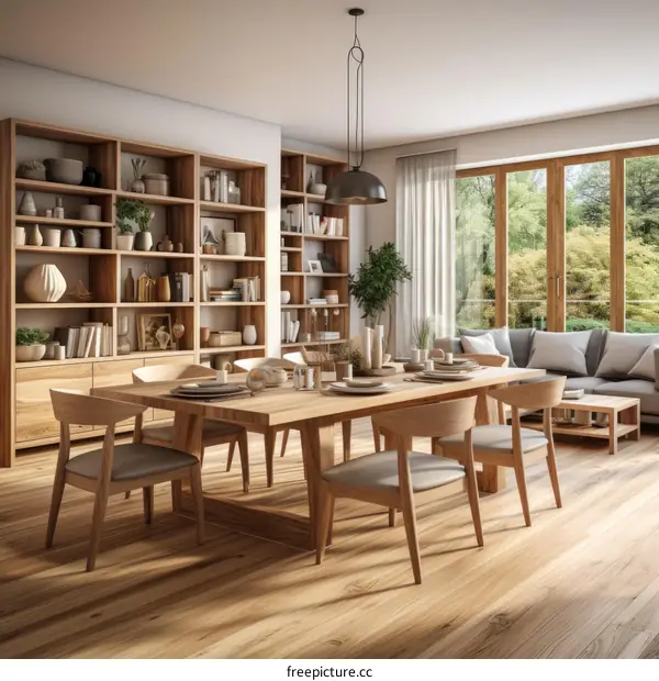 Elegant wooden dining room with a large bookshelf and a view of the garden