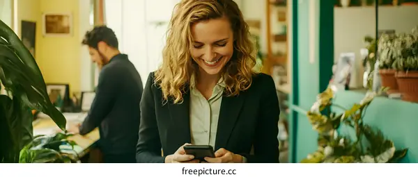Smiling Woman Checking Her Phone In Office